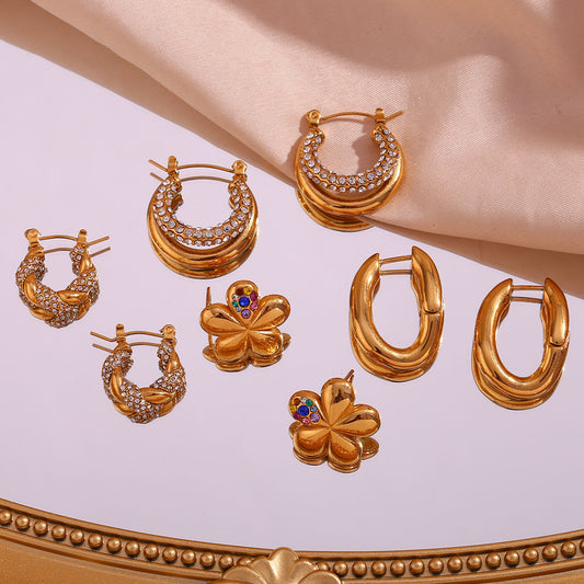 Vintage-Inspired Geometric Stainless Steel Earrings with 18K Gold Plating and Floral Micro-Pave Detail for Women