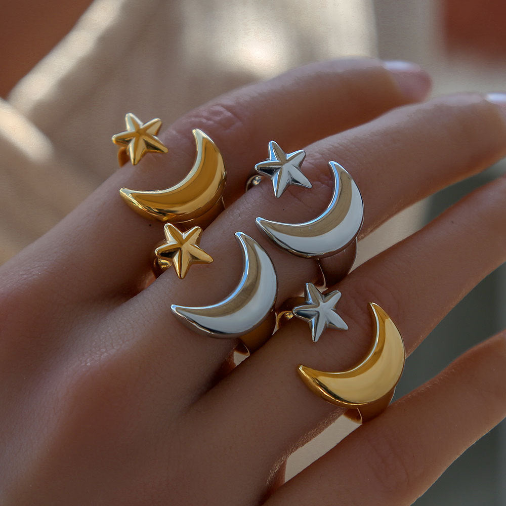 Anillo Abierto Ajustable Minimalista de Acero Inoxidable con Forma de Estrella y Luna con Baño de Oro para Mujeres y Hombres