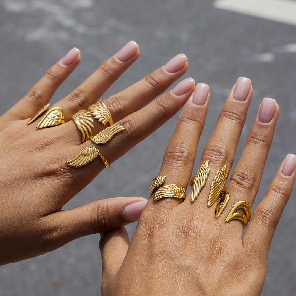 Anillo de acero de titanio con forma de ala geométrica para mujer con acabado chapado, joyería de moda minimalista