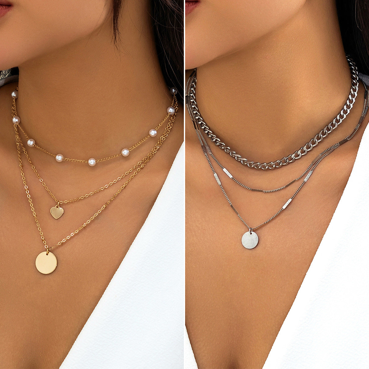 Set di collana girocollo geometrica minimalista con disco, catena in metallo placcato e accenti di perle imitate, da donna