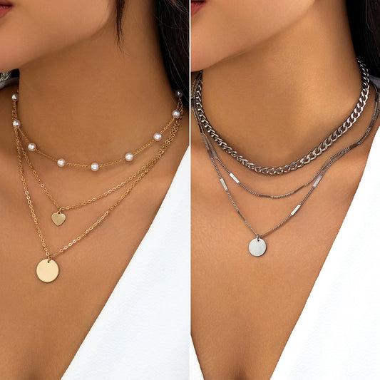 Juego de collar minimalista geométrico de disco redondo para mujer con cadena de metal chapado y detalles de perlas de imitación