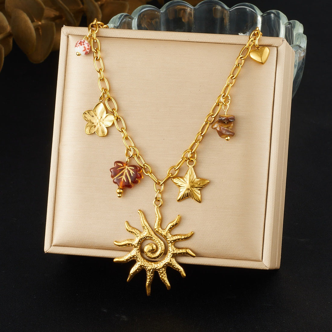 Vintage Gold Plated Stainless Steel Star Flower Leaf Pendant Necklace and Bracelet Set with Cable Chain