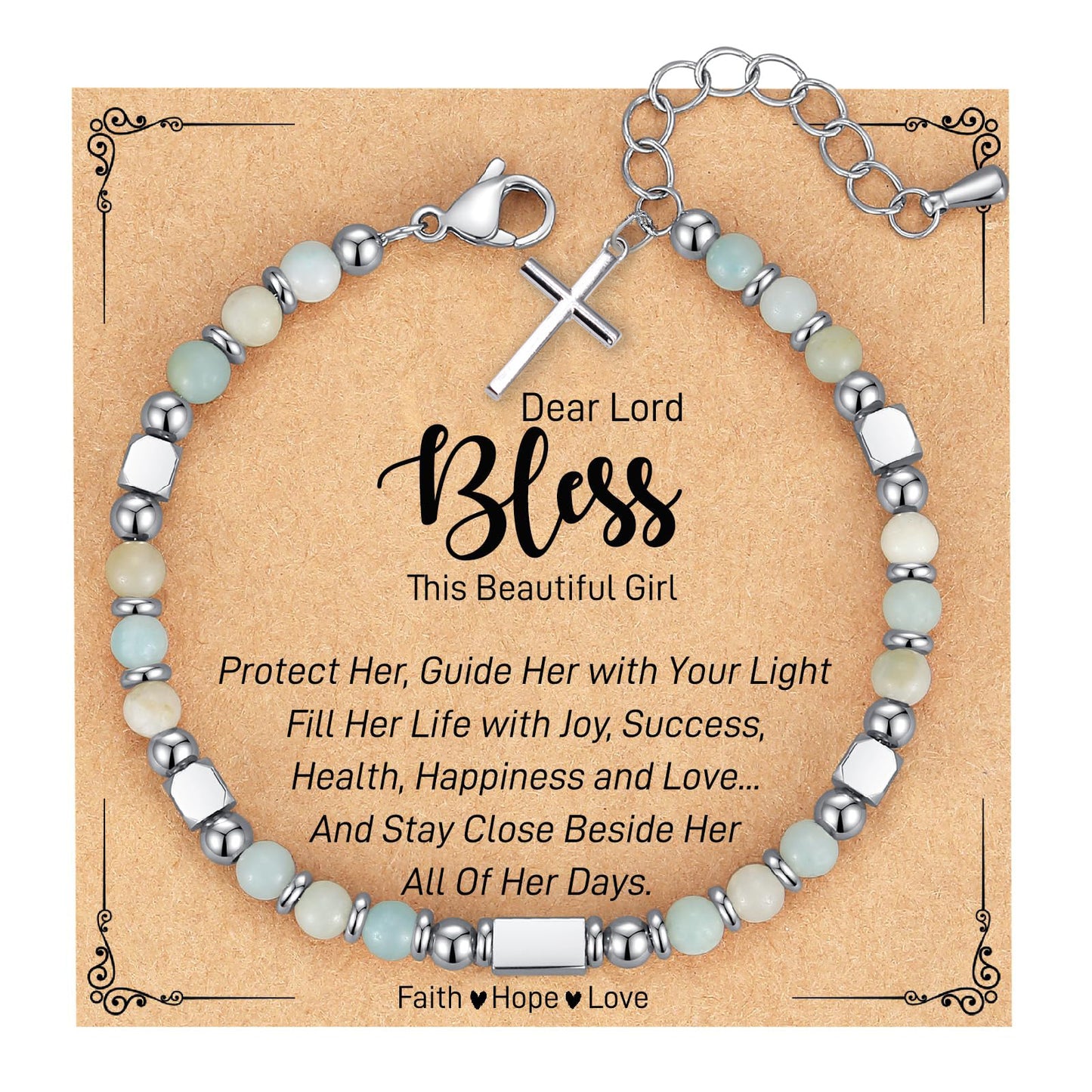 Minimalist Stainless Steel Square Bead Cross Pendant Turquoise Crystal Adjustable Bracelet