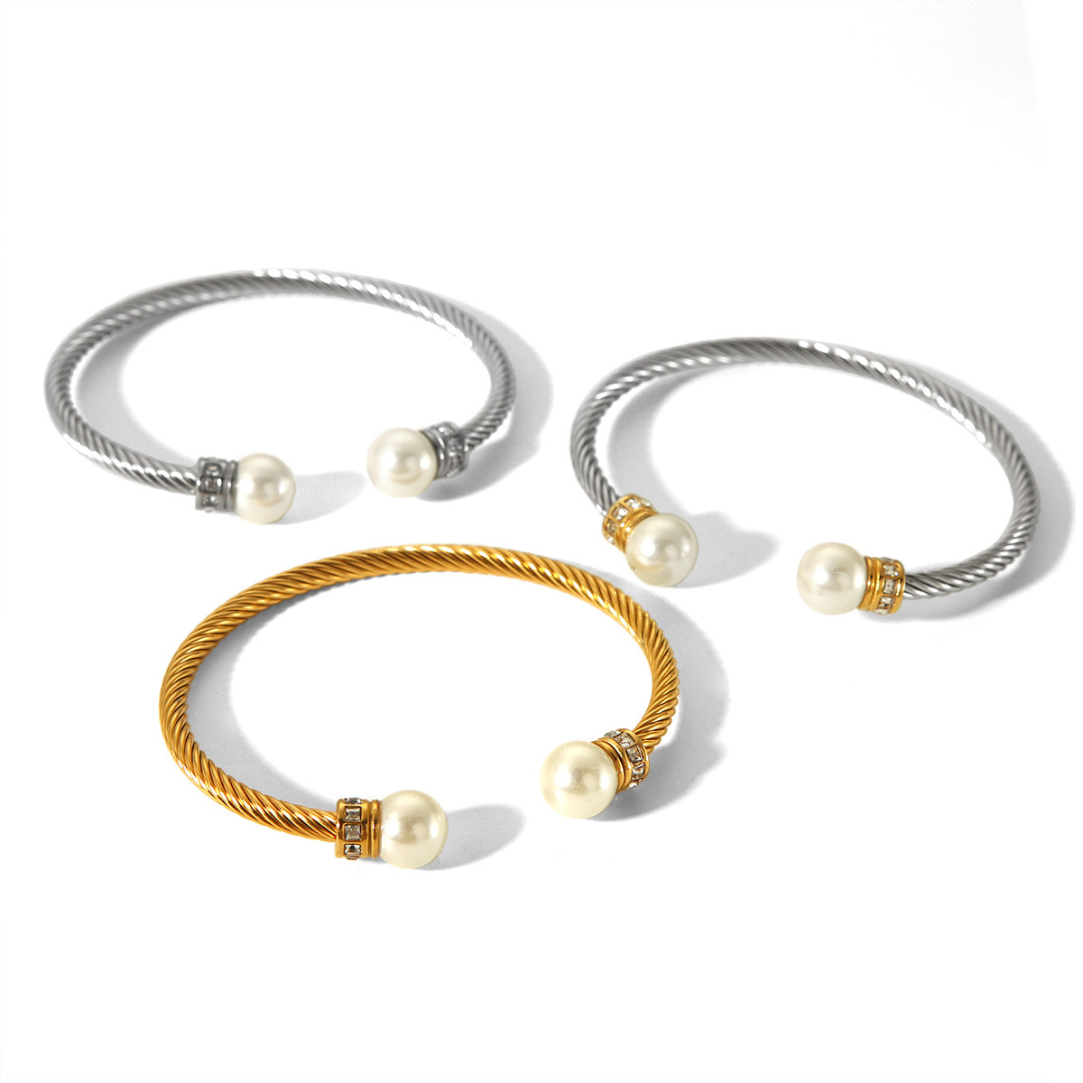 Ins Style Twisted Stainless Steel Bracelet for Women with Rhinestone Inlay and Pearl Accents Cable Chain Bangle