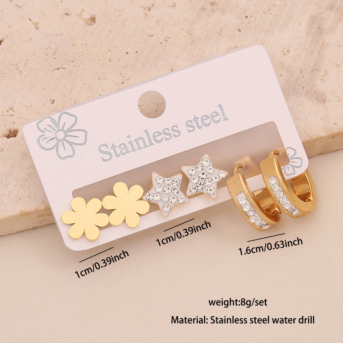 Orecchini a perno da donna a forma di cuore, stella, luna in acciaio inossidabile alla moda con intarsio completo di strass