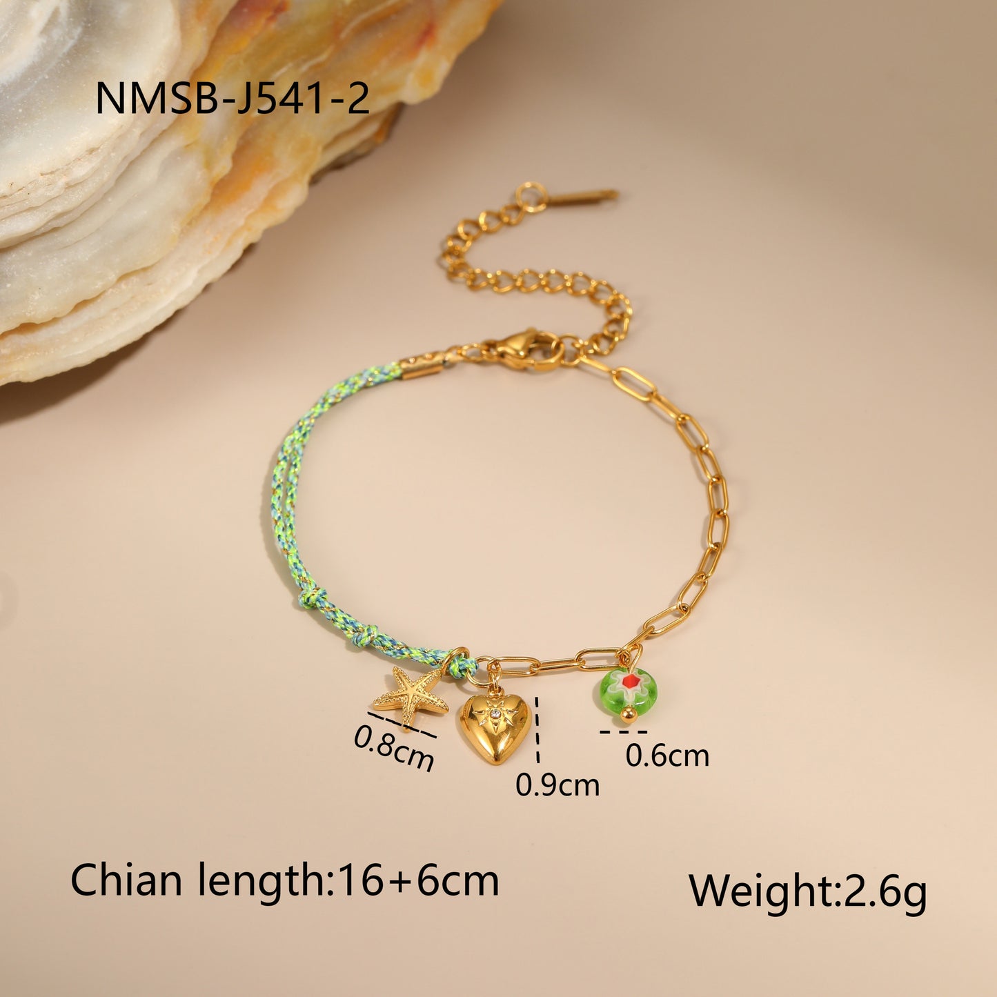 Bracciale alla moda in corda intrecciata ispirato alle vacanze con ciondolo a cuore e stella in acciaio inossidabile da donna