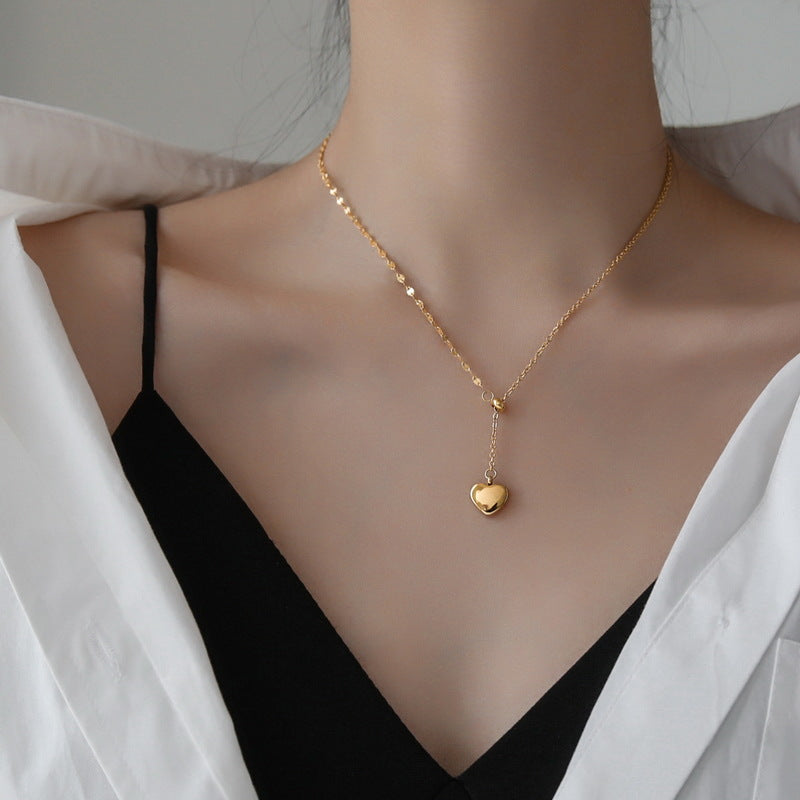 Minimalist Elegant Gold-Tone Titanium Steel Heart Pendant Necklace for Women Adjustable Clavicle Chain