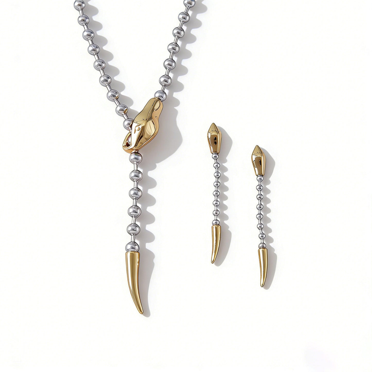 Minimalist Two-Tone Snake Shape Titanium Steel Y-Chain Necklace and Earring Set for Women