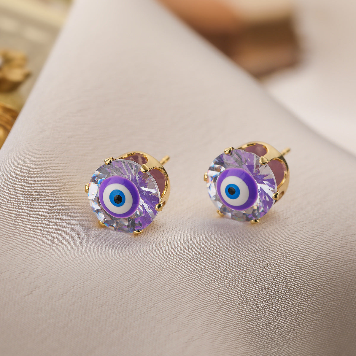 Minimalist Geometric Evil Eye Stud Earrings in Copper with Gold Plating and Zircon Inlay