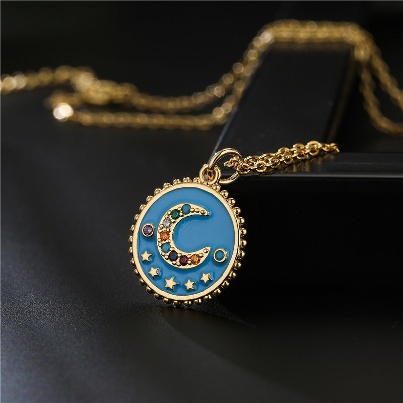 Elegant Drip Oil Moon Star Geometric Brass Inlay Necklace with Cable Chain