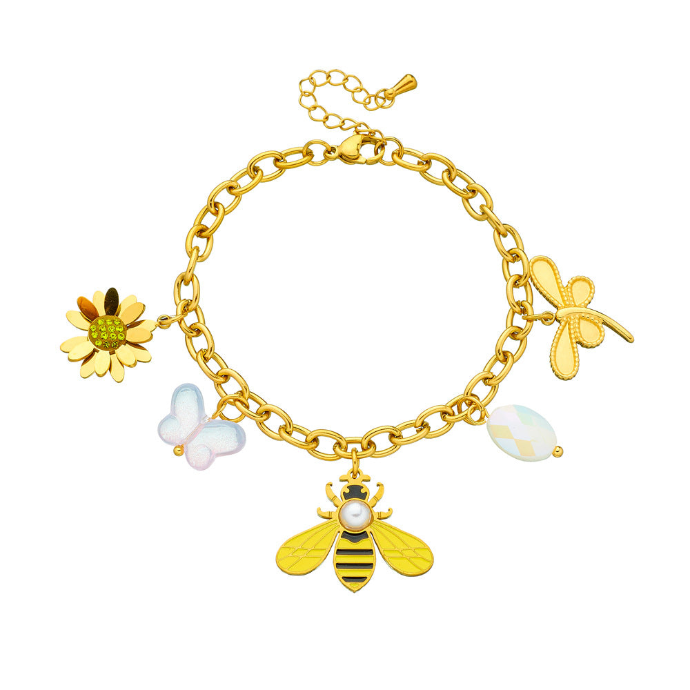 Gold Plated Stainless Steel Butterfly Bee Flower Animal Charm Bracelet for Women