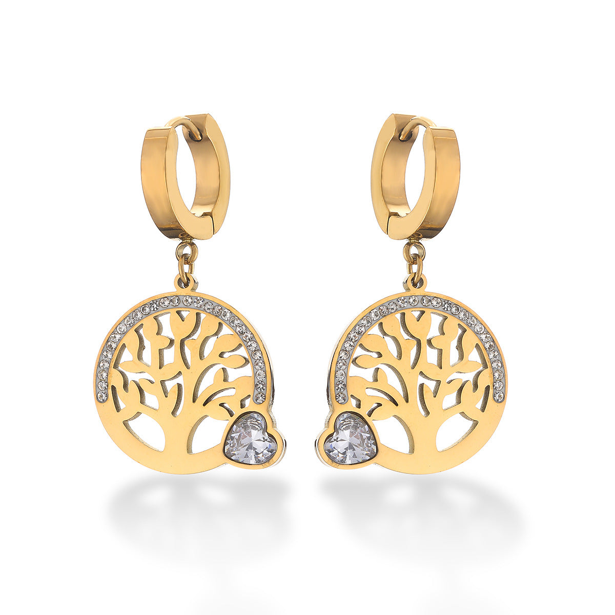 Orecchini minimalisti geometrici in acciaio al titanio placcati oro 18 carati con albero della vita in zircone per donna