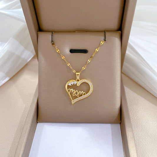 Elegant Hollow Heart Letter Floral Pendant Necklace for Women in Titanium Steel with Rhinestone Inlay and Delicate Clavicle Chain