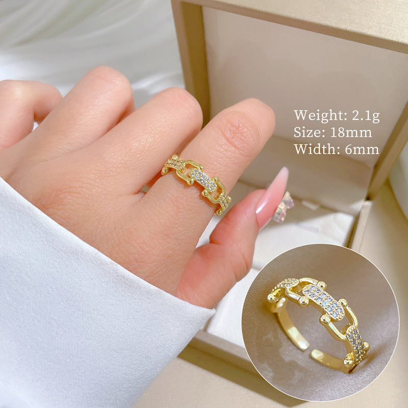 Minimalist Geometric Gold-Plated Brass Open Ring for Women with Crown Shape and Rhinestone Inlay