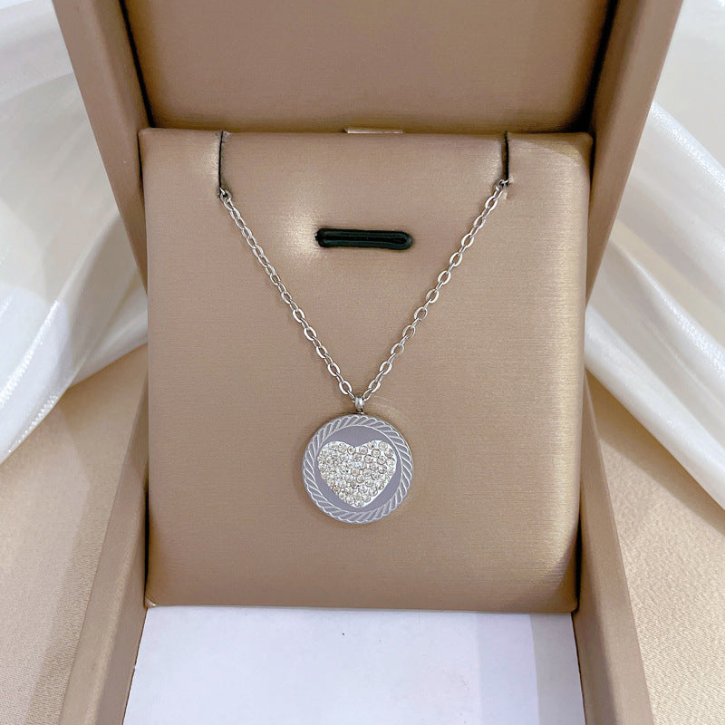 Minimalist Geometric Heart Pendant Necklace Set in Titanium Steel with Rhinestone Inlay and Gold Plating for Women