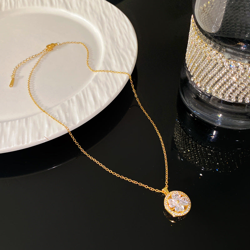 Sweet Sporty Full Cubic Zirconia Plant Shape Titanium Steel Plated Necklace for Women