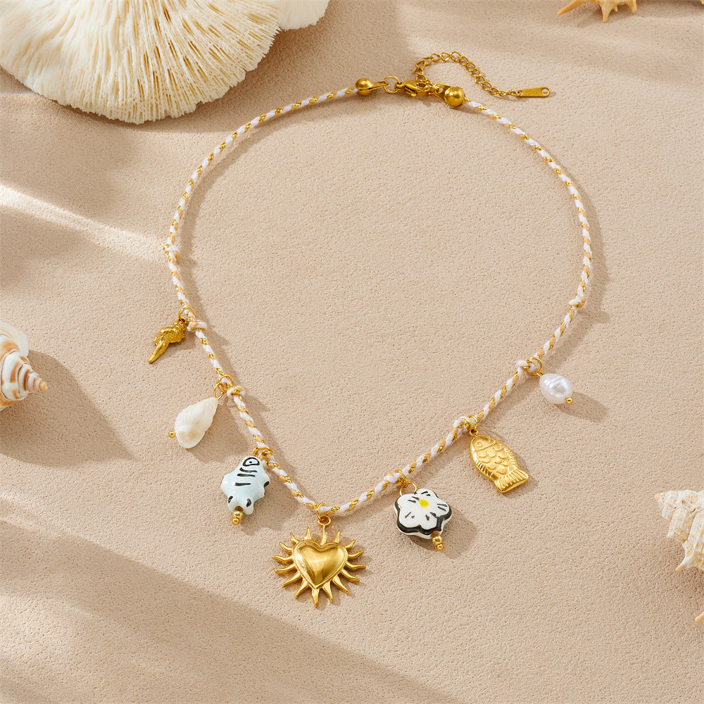 Chic Cartoon Painted Ceramic Fish and Flower Heart Stainless Steel Plated Necklace with Rope Chain for Women