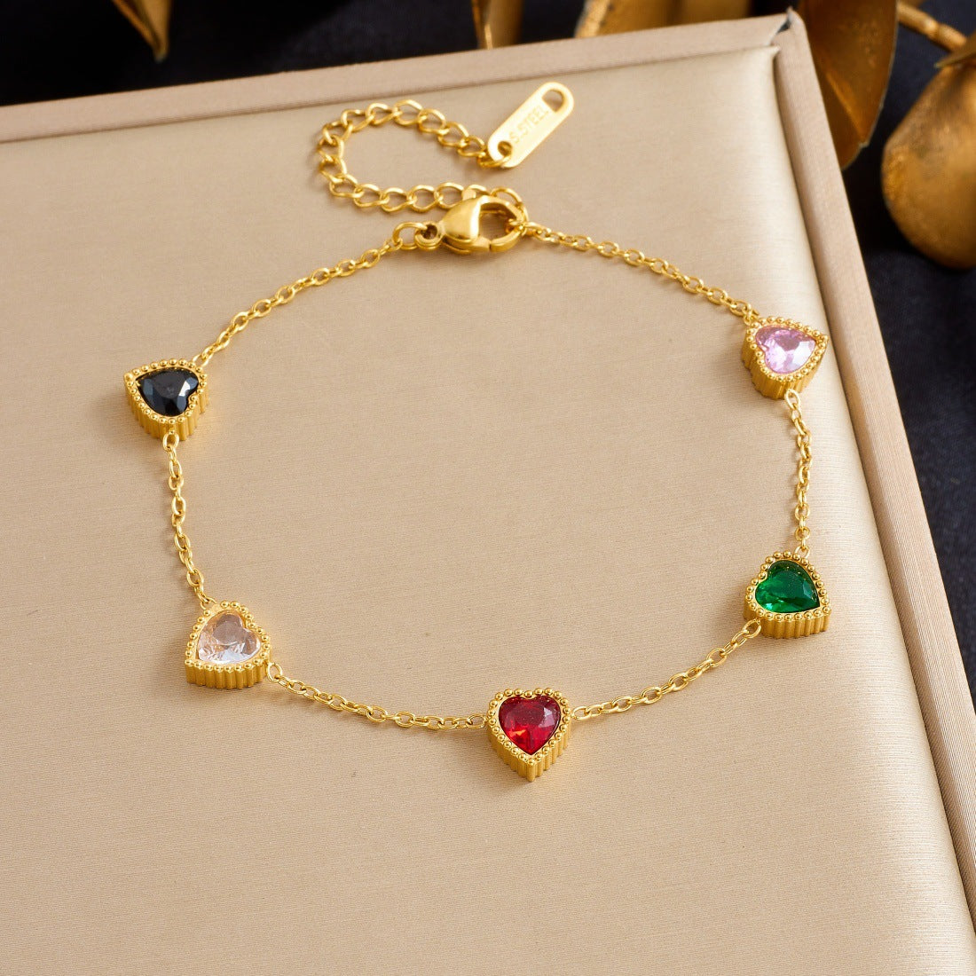 Colorful Rhinestone Heart Plated Stainless Steel Bracelet for Women