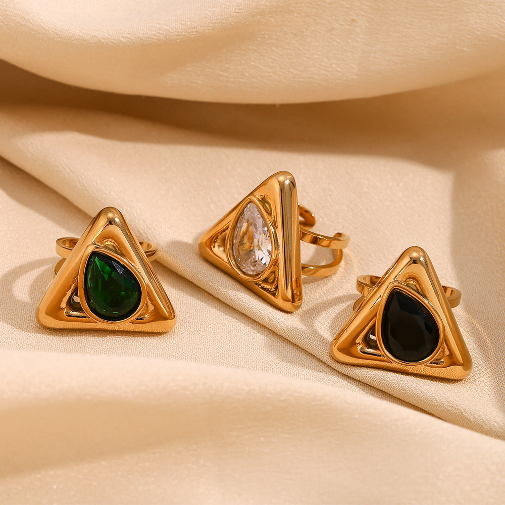Fashionable Geometric Stainless Steel Ring with 18K Gold Plating and Teardrop Rhinestone Accents for Women