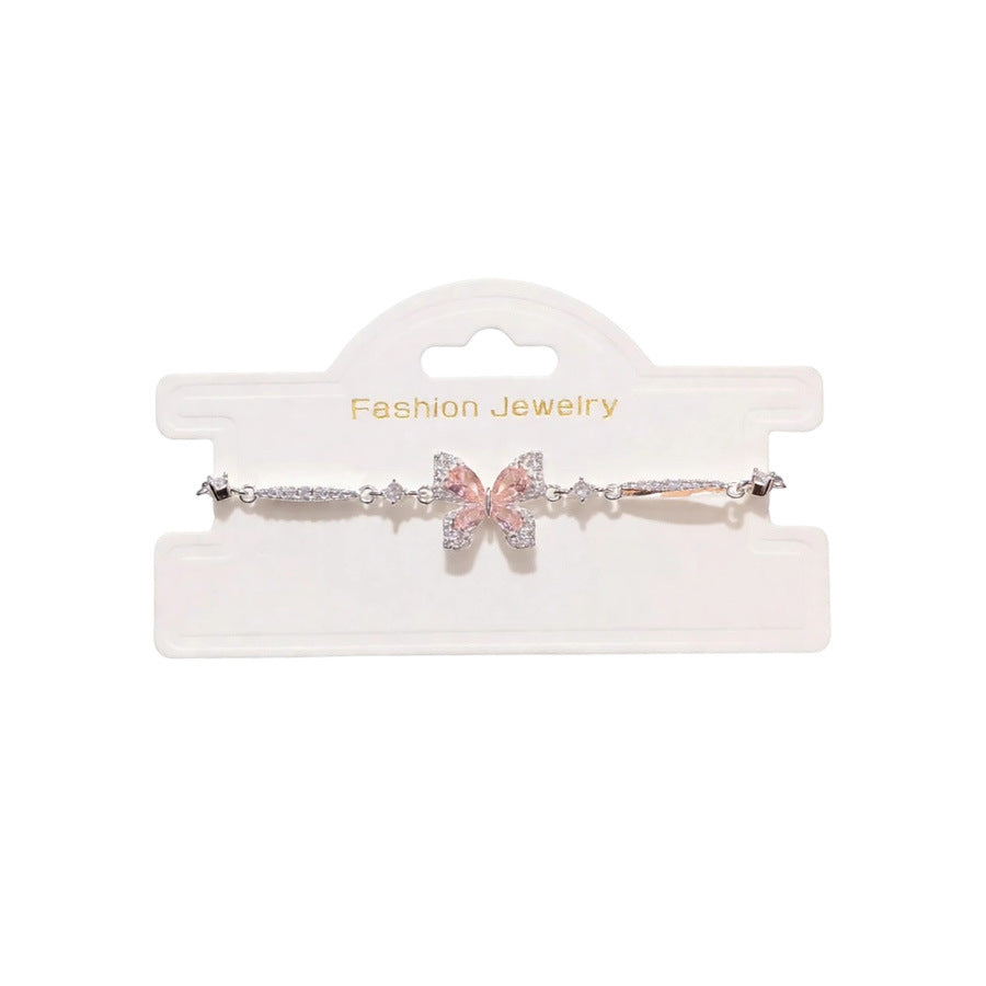 Vintage Sweet Butterfly Brass Bracelet with Cubic Zirconia Inlay for Women