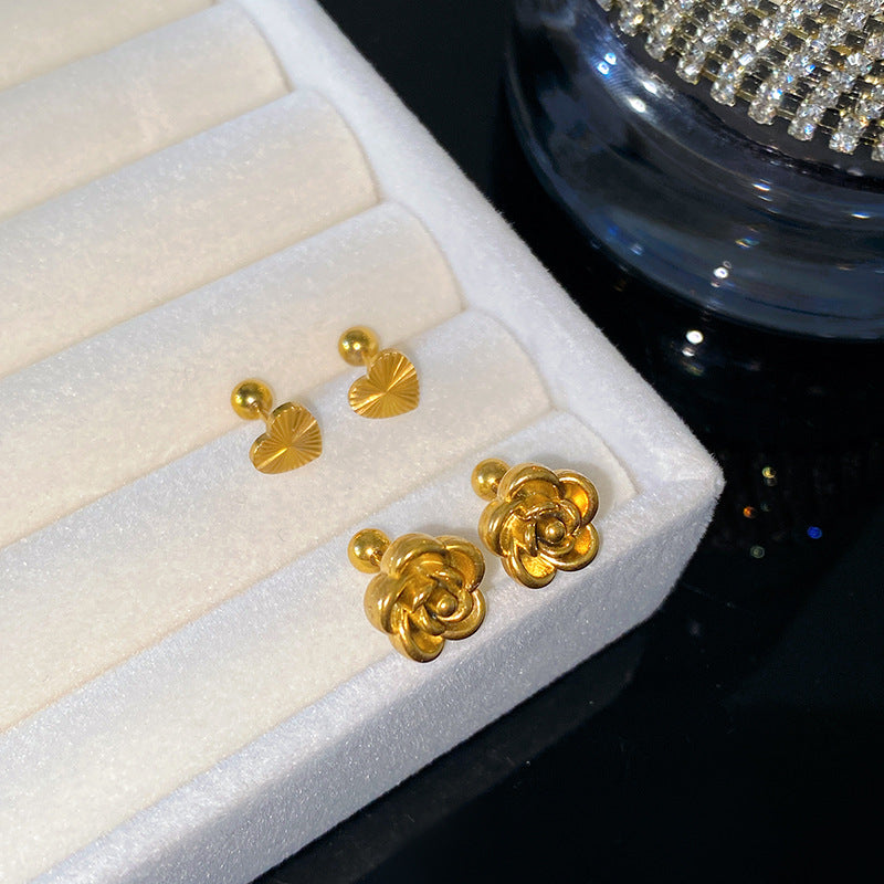 Minimalist Elegant 3D Camellia Flower Titanium Steel Stud Earrings for Women