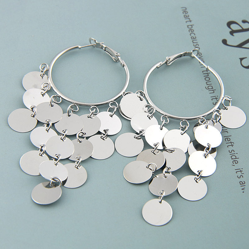Minimalist Geometric Round Alloy Plated Tassel Earrings with Sequins