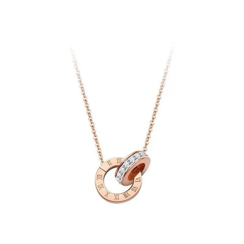 Minimalist 18K Gold Plated Titanium Steel Double Ring Roman Numeral Geometric Pendant Necklace