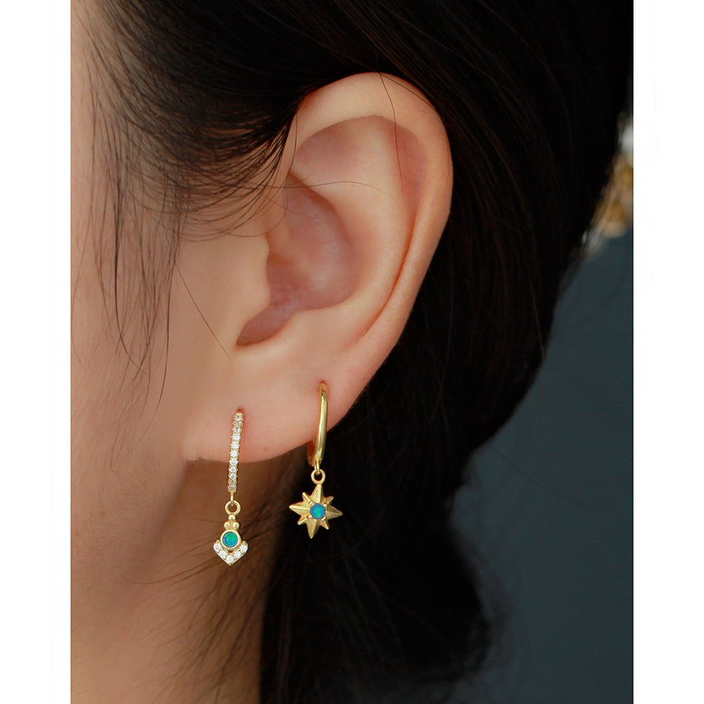 Sweet Geometric Star 925 Sterling Silver Inlaid Opal Earrings