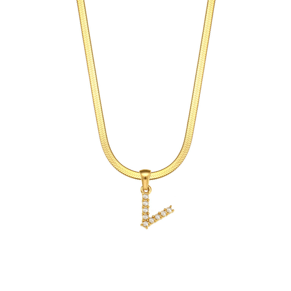 Fashionable Letter Pendant Necklace for Women Stainless Steel Plated 18K Gold Flat Snake Chain with Pearl Accent