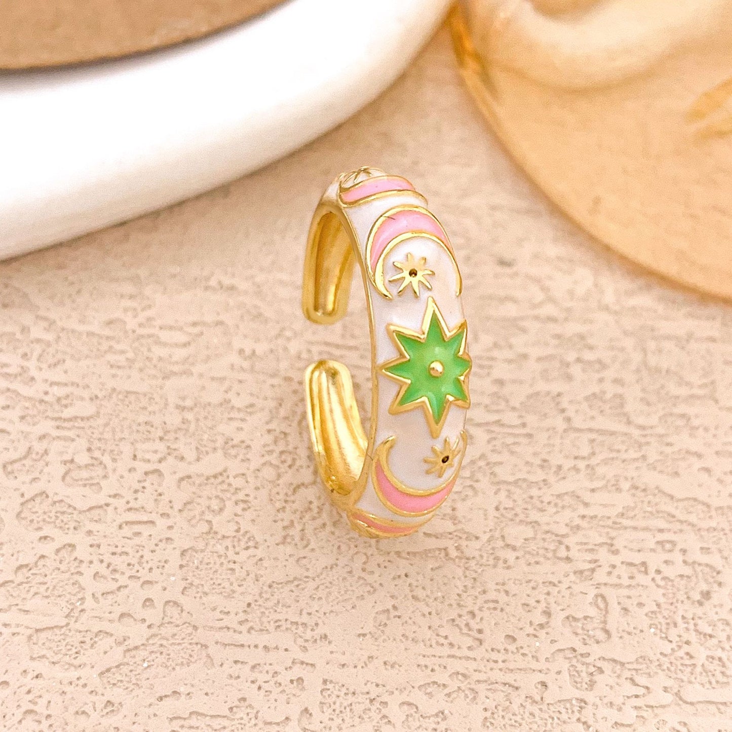 Sweet Alloy Gold Plated Drip Oil Round Oval Ring with Polka Dot Evil Eye Design for Women