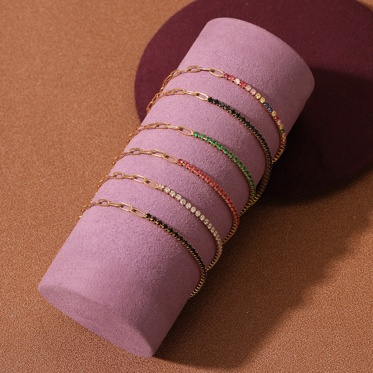 Pulsera geométrica de arcoíris de moda con diamantes de imitación para mujer, de acero de titanio con acabado chapado y delicado diseño de cristales de hilera completa