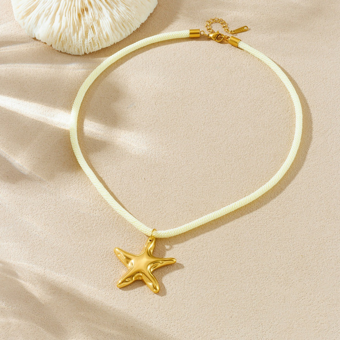 Milky White Textured Rope Chain Starfish Pendant Gold Plated Stainless Steel Necklace