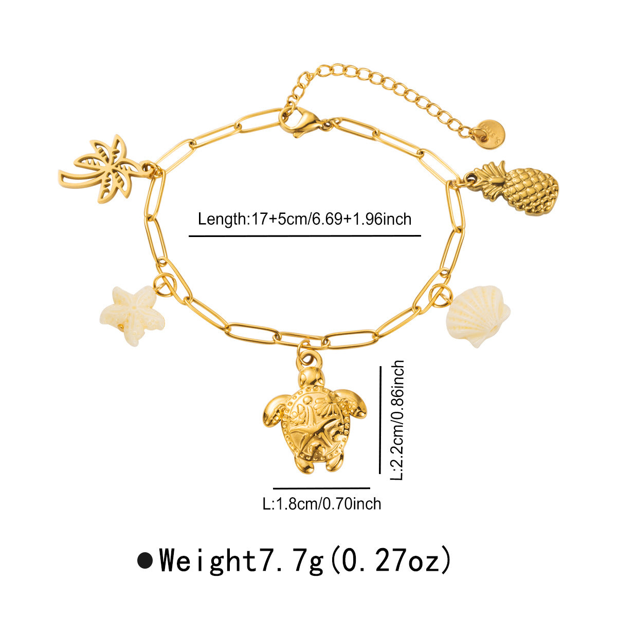 Bracciale in Acciaio Inossidabile a Forma di Animale all'Avanguardia con Ciondoli a Tartaruga, Stella Marina, Granchio e Delfino Placcati in Oro 14K per Donna