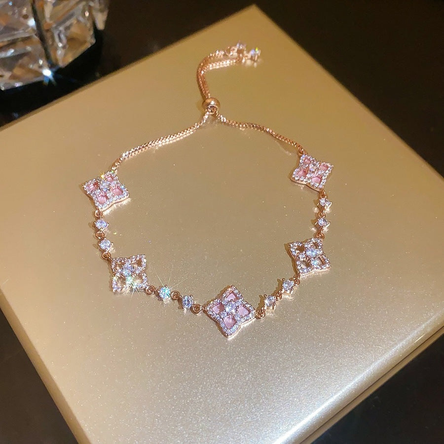 Elegant Luxury Floral Cubic Zirconia Inlaid Zinc Alloy Plated Bracelet for Women