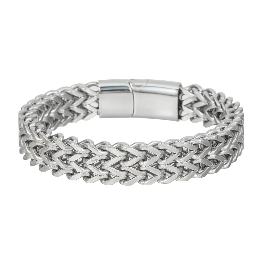 Men's Stainless Steel Plated Round Geometric Woven Double Row Dragon Bone Magnetic Clasp Bracelet