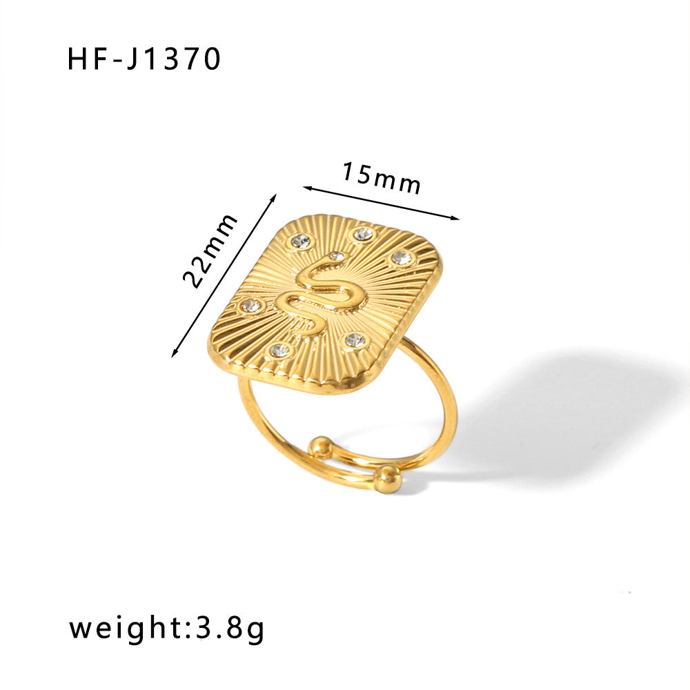 Anello da Donna Aperto Geometrico Minimalista Vintage in Acciaio Inossidabile Placcato Smalto con Intarsio in Zirconi