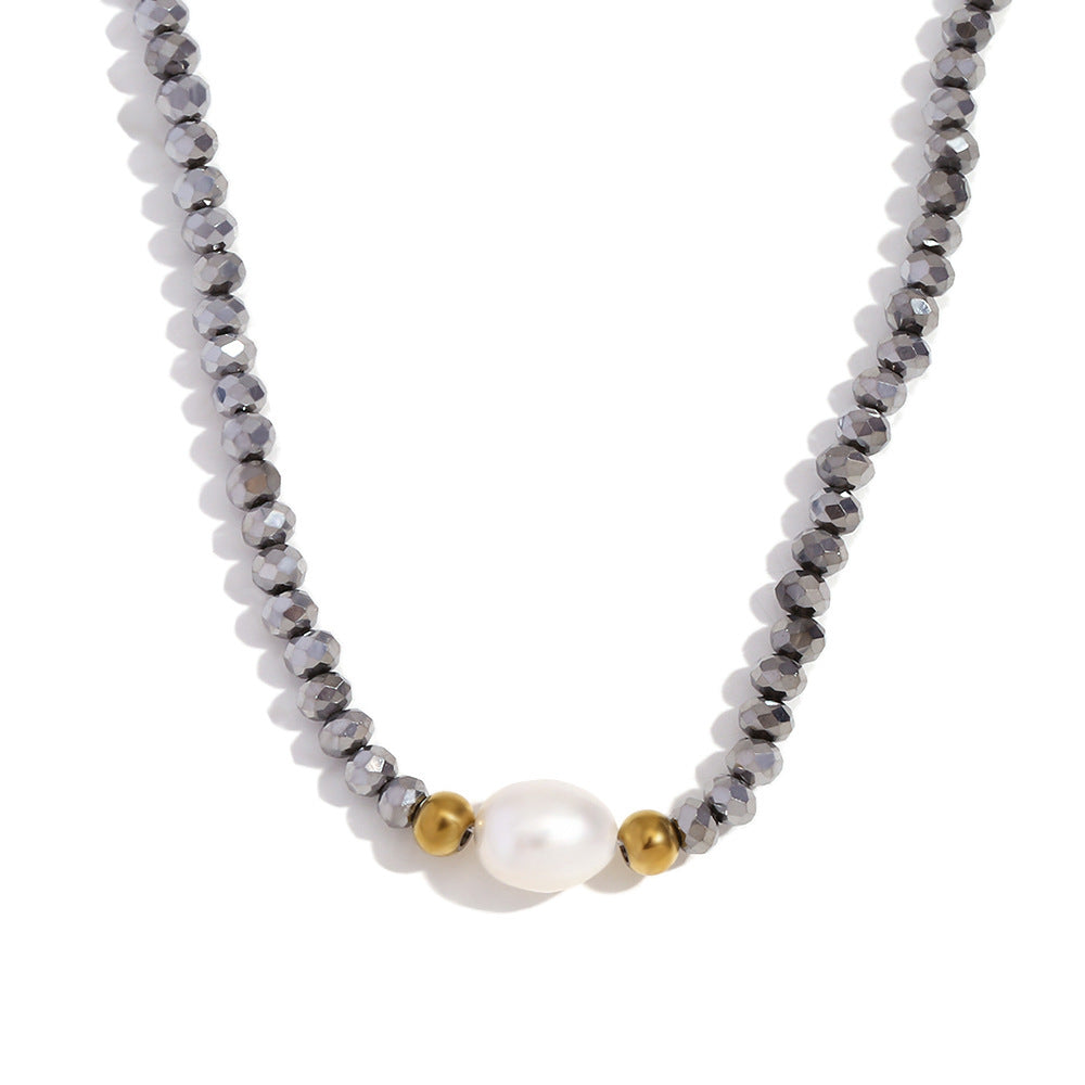 Fashionable Vintage Geometric Stainless Steel Pendant Necklace with Freshwater Pearl and Light Crystal Beads for Women