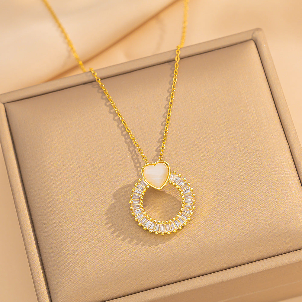 Luxury Heart-Shaped Titanium Steel Necklace Set with Gold-Plated Copper Pendant and Rhinestone Inlay on O-Chain