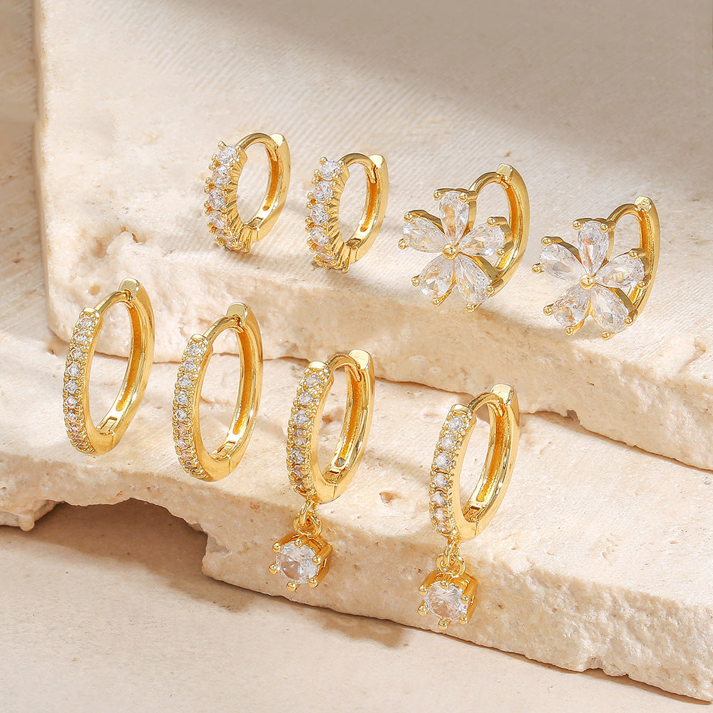 Minimalist Geometric Round Floral Brass Gold Plated Cubic Zirconia Earring Set for Women