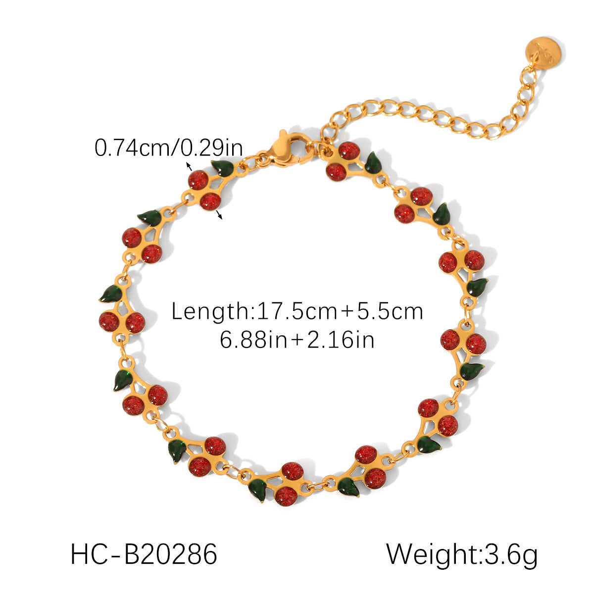 18K Gold Plated Stainless Steel Drip Oil Cherry Bracelet for Women Minimalist Sweet Fruit Jewelry