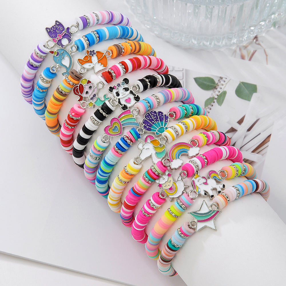 Handmade Polymer Clay Rainbow Panda Dolphin Unicorn Bracelet for Women and Men, Fashion Casual Animal Theme Friendship Jewelry