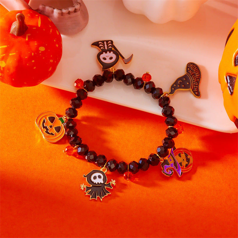 Bracciale con perline a tema Halloween con ciondoli a forma di zucca e fantasma, gioielli fatti a mano in lega con forme geometriche e cristalli per donna