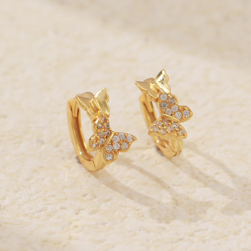 Sweet-Edgy Butterfly-Shaped S925 Sterling Silver Stud Earrings with Rhinestone Inlay for Women