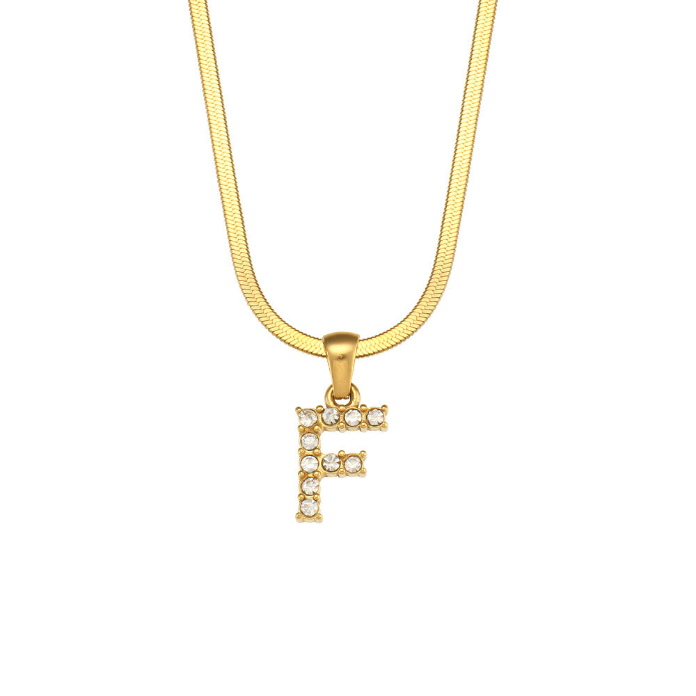 Collana Minimalista con Ciondolo a Lettera in Acciaio Inossidabile con Placcatura in Oro 18K e Zircone su Catena a Serpente Piatta per Donna