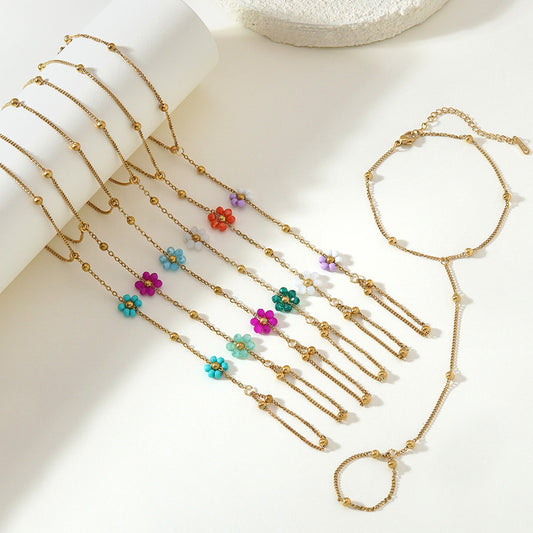 Elegante bracciale con anello a catena floreale geometrico minimalista in acciaio inossidabile placcato per donne