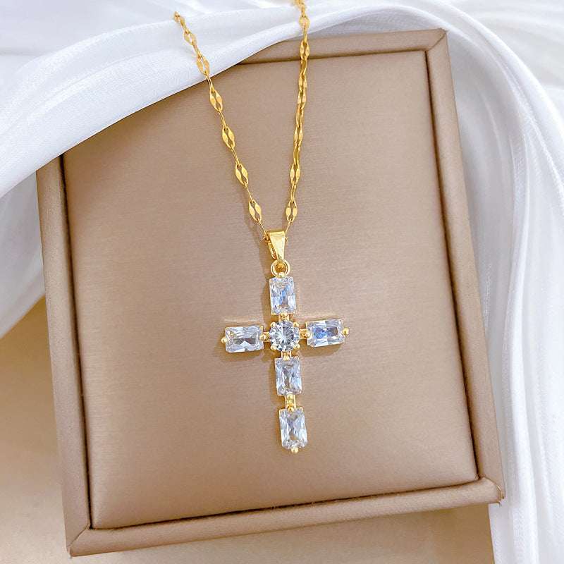 Sweet Minimalist Cross Geometric Rhinestone Titanium Steel Necklace for Unisex