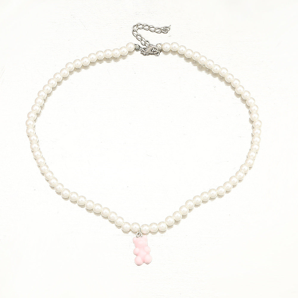 Minimalist Bear-Shaped Resin Necklace for Girls with Pearl Chain Adjustable Choker Style Pendant Necklace