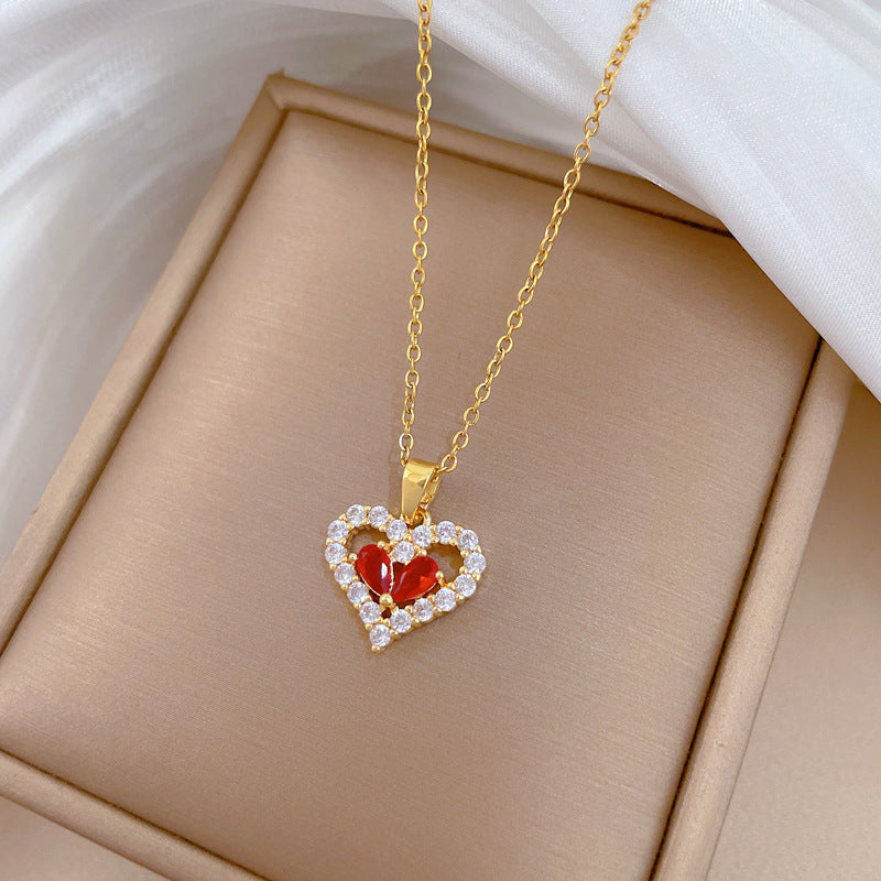 Sweet Minimalist Red Heart Geometric Rhinestone Brass Pendant Titanium Steel Necklace for Women and Men