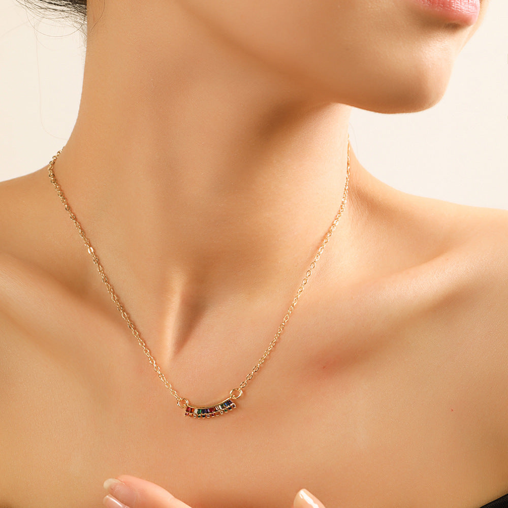 Geometric Heart Brass Plated Cubic Zirconia Pendant Necklace for Women