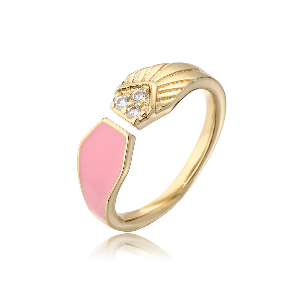 Minimalist Geometric Copper Ring with 18K Gold Plating and Colored Enamel Zirconia for Women